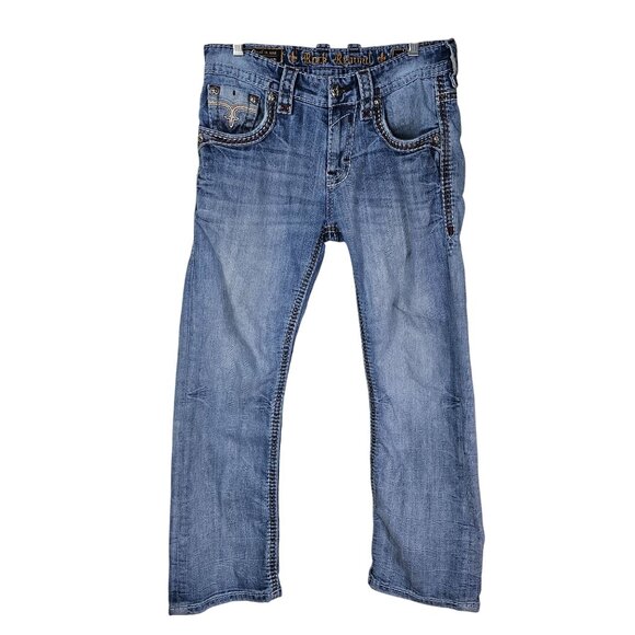 Rock Revival Ecton Boot Embroidered Denim Jeans 32 Light Wash Distressed Casual - Picture 2 of 15